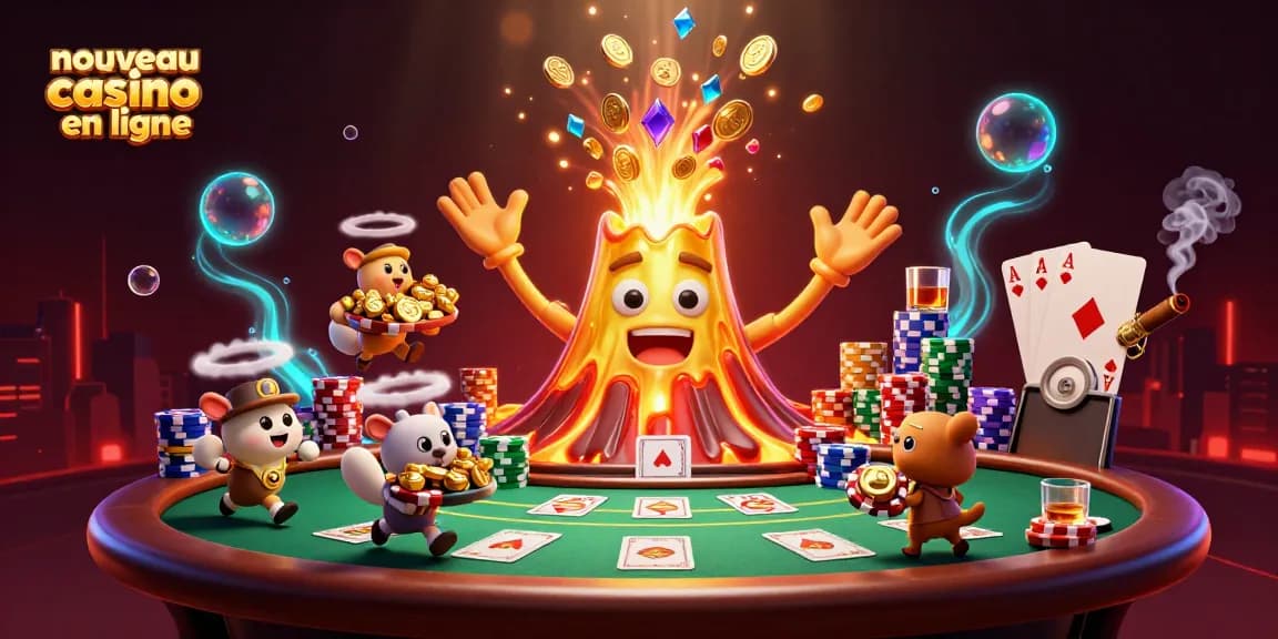 Découvrez un nouveau casino en ligne avec une illustration dynamique de jeux et de trésors.