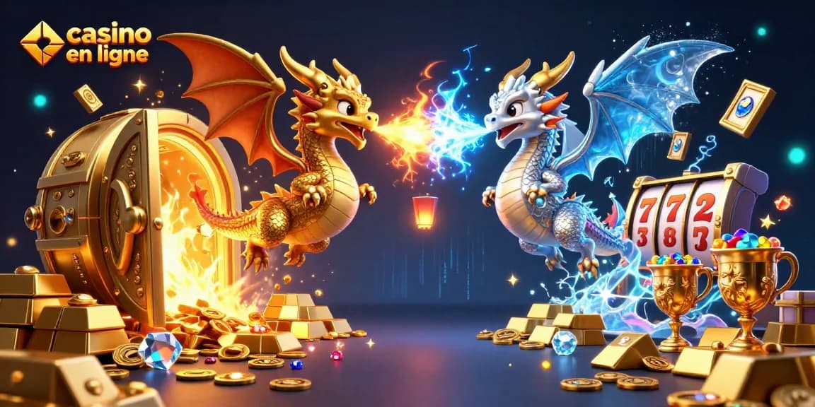 Les dragons 3D volent au-dessus d'un casino en ligne, entourés de trésors et de machines à sous.