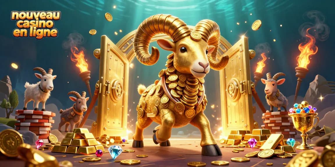Illustration de casino en ligne : un nouveau casino en ligne avec un bélier doré et des richesses brillantes.