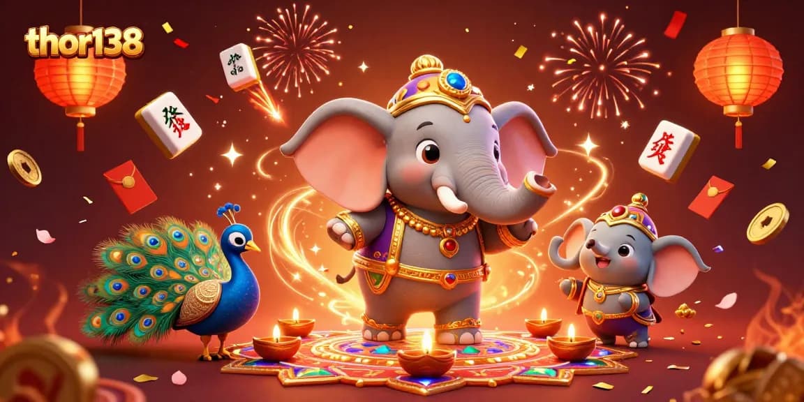 Gambar thor138 yang menampilkan gajah kartun meriah dengan merak dan elemen kasino, dikelilingi kemeriahan berwarna-warni.