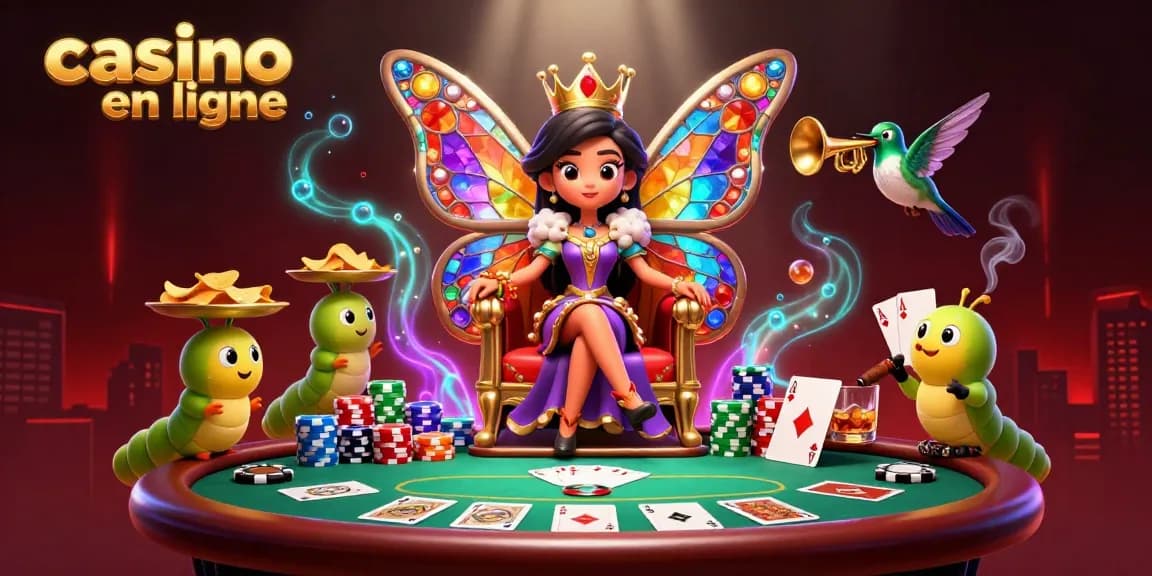 Créez des gains fascinants au casino en ligne avec un visuel vibrant de la reine des papillons et des éléments de poker.