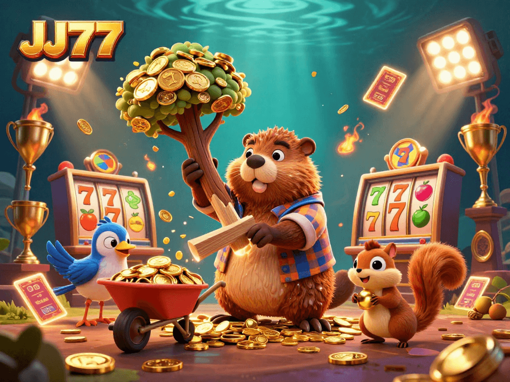 Experience thrilling gameplay at JJ77 with a lively beaver character in a golden coins scene.