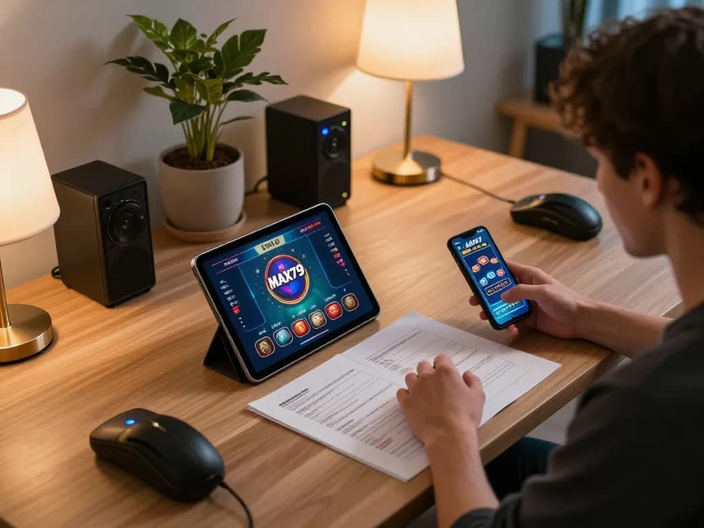Gamer enjoying online casino gameplay on tablet at home with MAX79 app interface displayed properly.