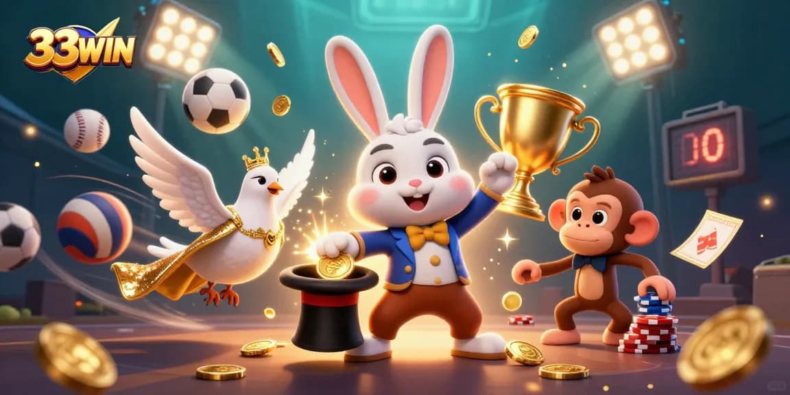 Experience the magic of 33WIN as the animated magician rabbit pulls golden coins, creating a lively casino atmosphere.