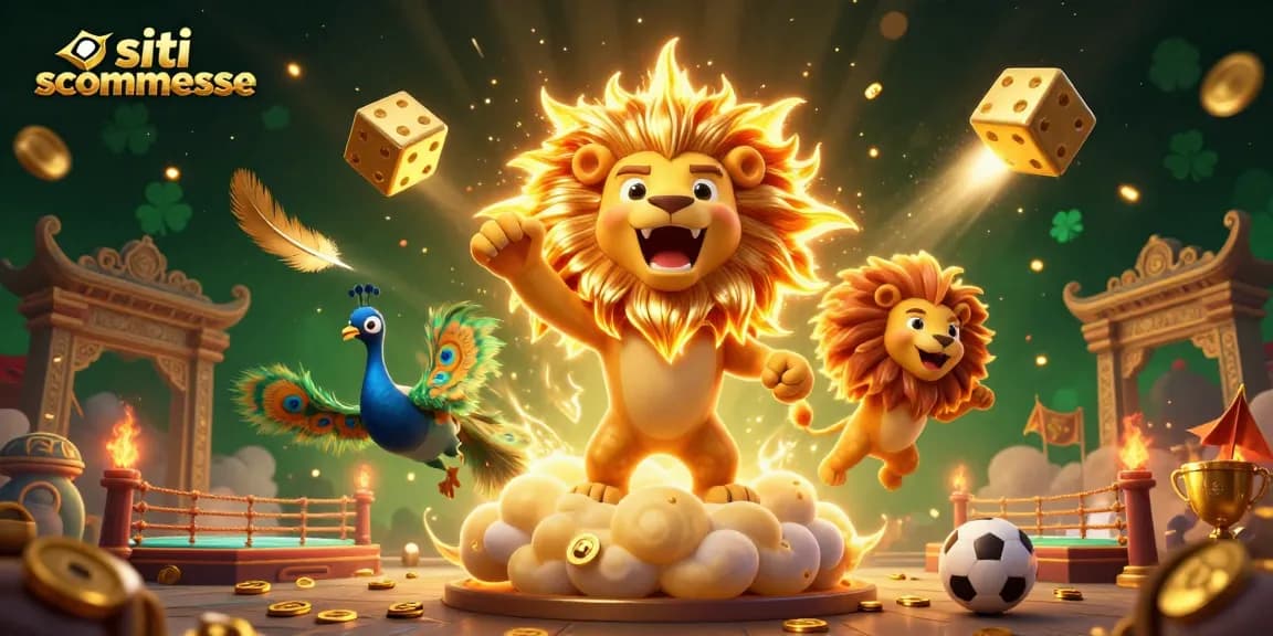 Scopri le migliori siti scommesse con questa emozionante illustrazione 3D di un leone e dadi dorati.