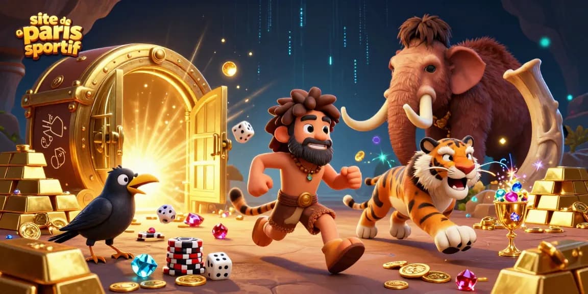 Plongez dans l'univers du site de paris sportif avec un duo de personnages préhistoriques, des trésors et des jeux.