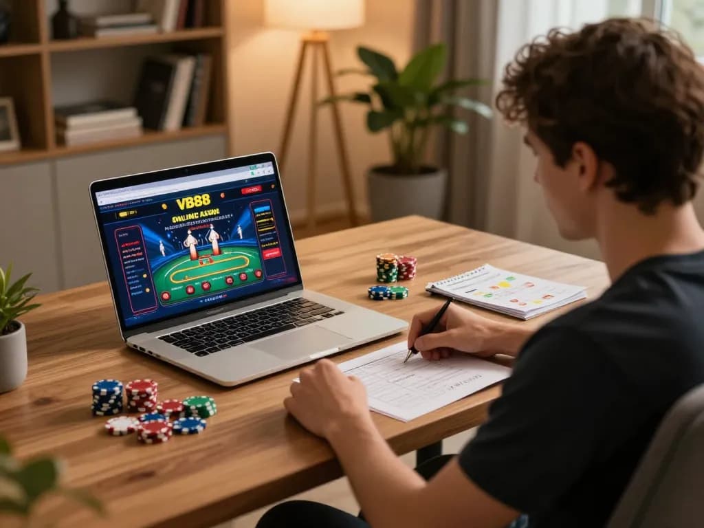 Engaging in a responsible online gaming session at https://vb88.llc/ with laptop showing poker interface and strategy notes.