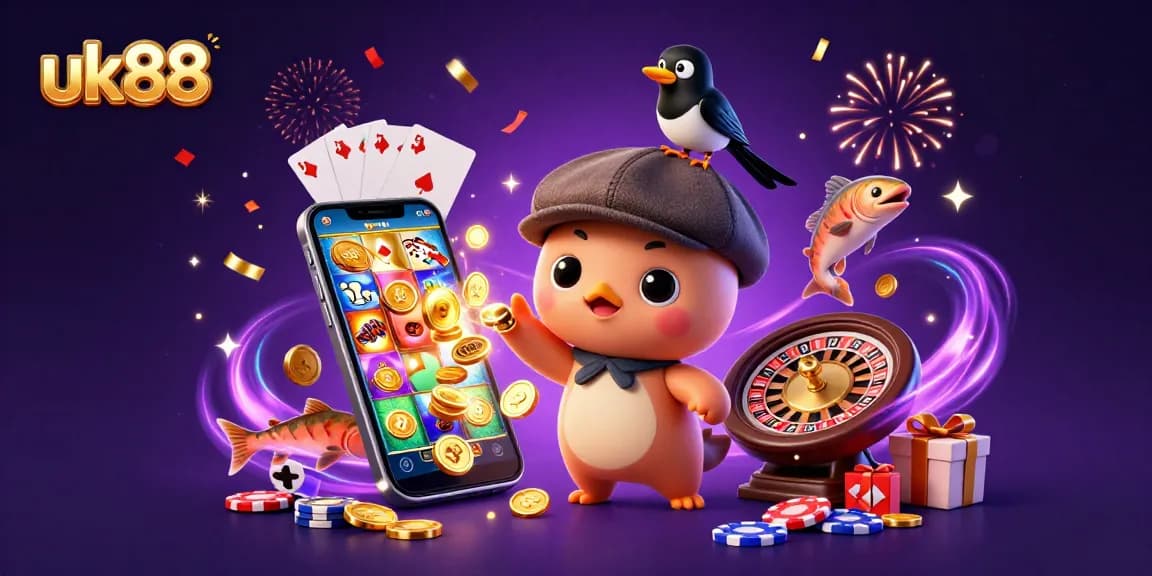 Engage with the vibrant uk88 casino scene featuring colorful slot games and lively cartoon characters.