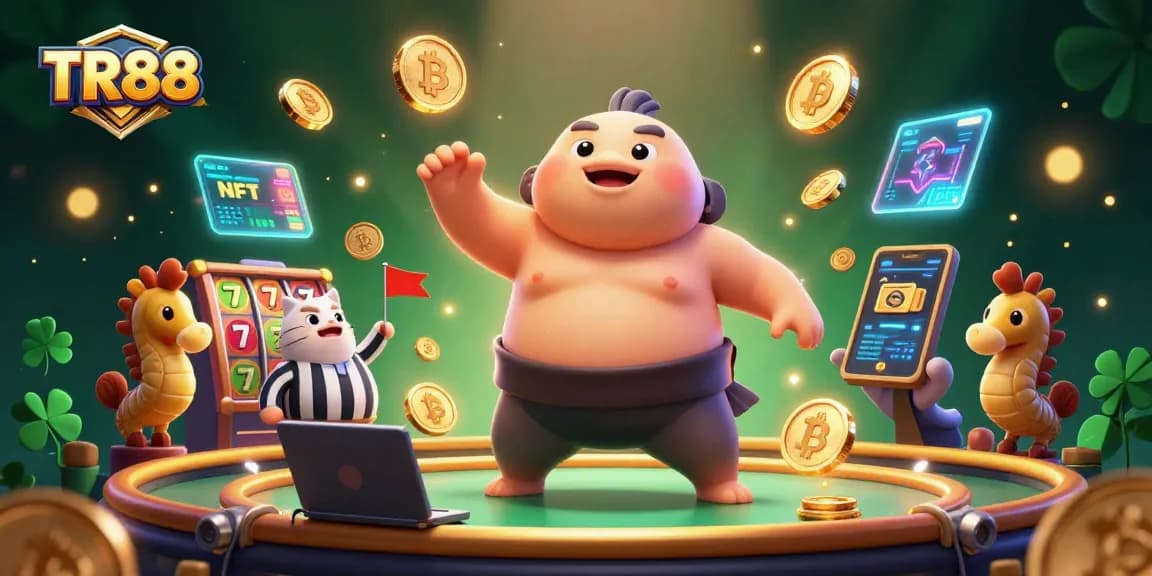 Engaging TR88 casino scene with a fugu, a catfish referee, and slot elements showcasing thrilling gaming action.