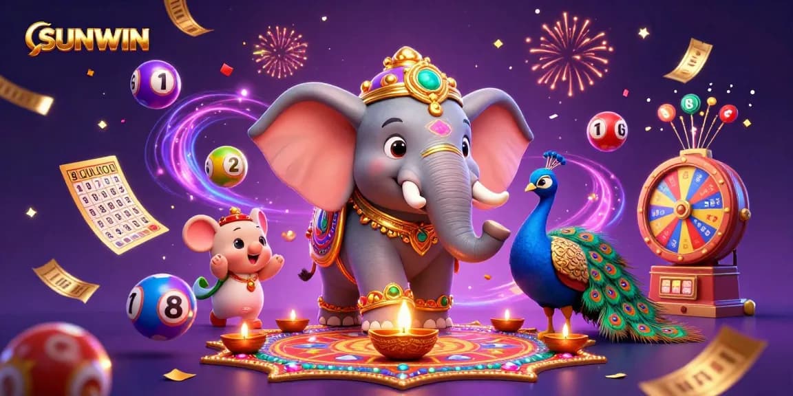 SUNWIN brings excitement with a colorful casino scene of an ornate elephant, peacock, and dynamic gambling elements.
