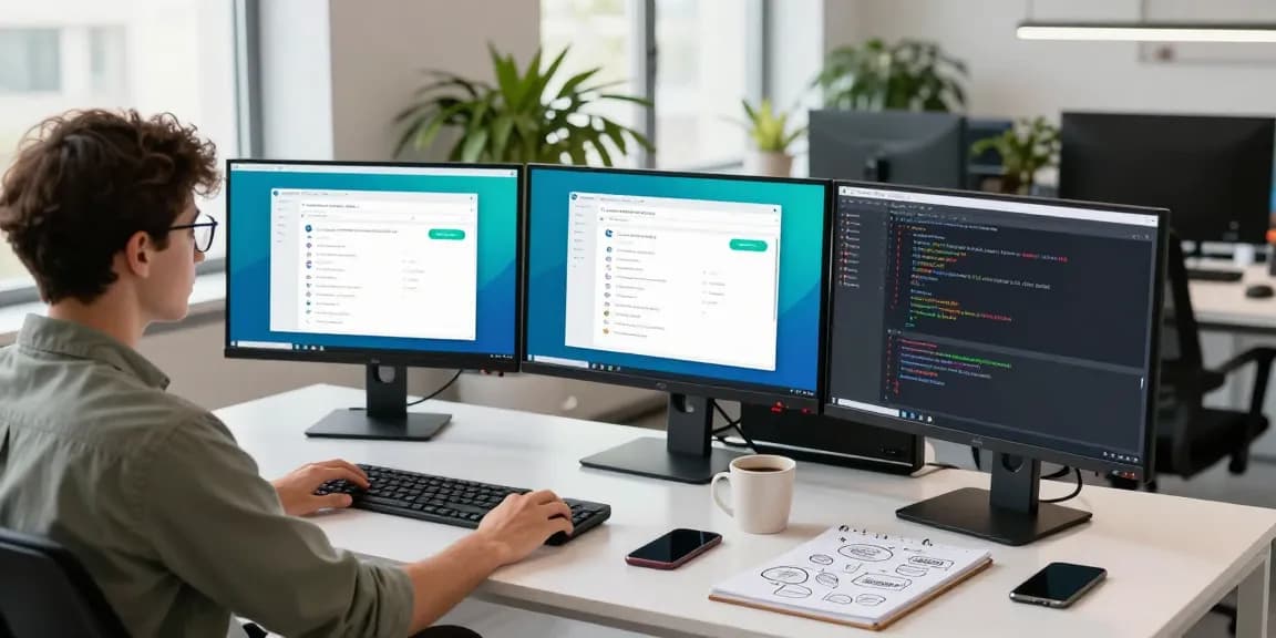 Developer working on Telegram Web Version interface with multiple monitors in a modern office setup.