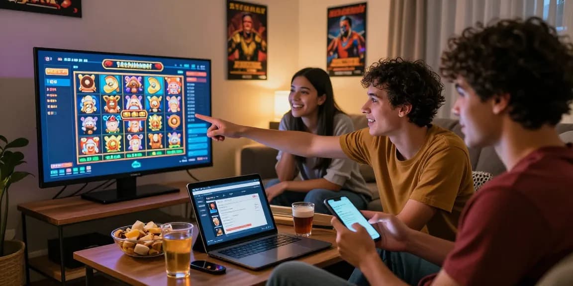 Engaging scene of friends playing online slots with deposit pulsa tanpa potongan options, showcasing excitement and interaction.
