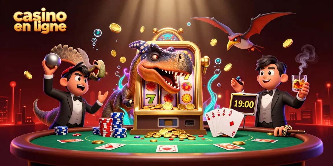 Les personnages s'affrontent au casino en ligne, avec une machine à sous en or distribuant des pièces.