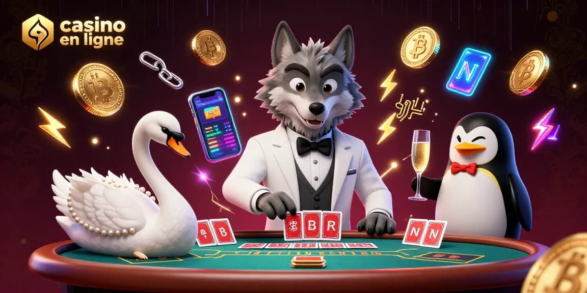 Plonger dans un jeu de casino en ligne avec un loup sophistiqué et une cygne élégante, entourés de pièces de crypto-monnaie.