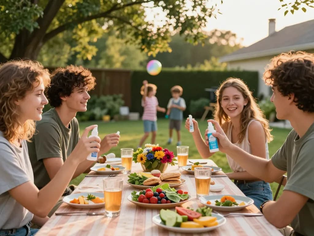 Friends applying the best mosquito repellent while enjoying a summer barbecue outdoors.