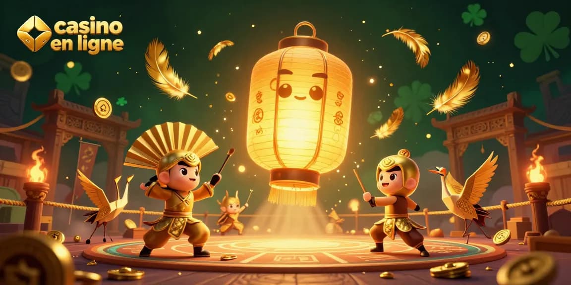 Animation colorée de casino en ligne avec un esprit lantern géant et des pièces d'or volantes.