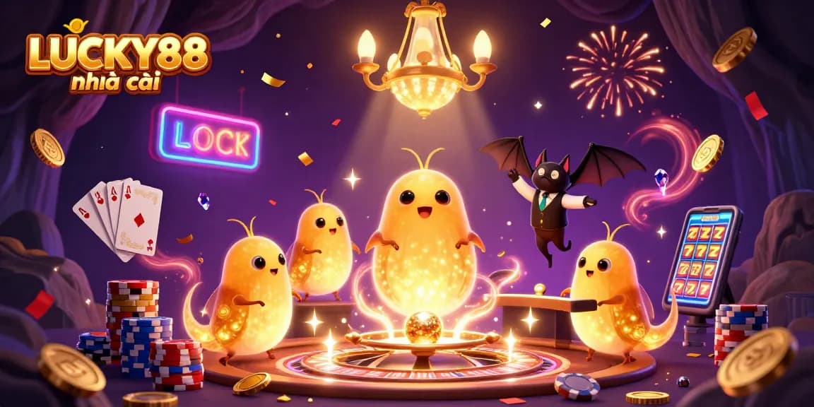 Experience the excitement at LUCKY88 nhà cái with a colorful 3D casino scene featuring glowworms, coins, and a bat dealer.