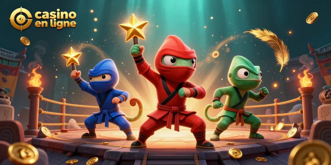 Les ninjas caméléons dans un combat de casino en ligne avec des jetons et des pièces d'or.