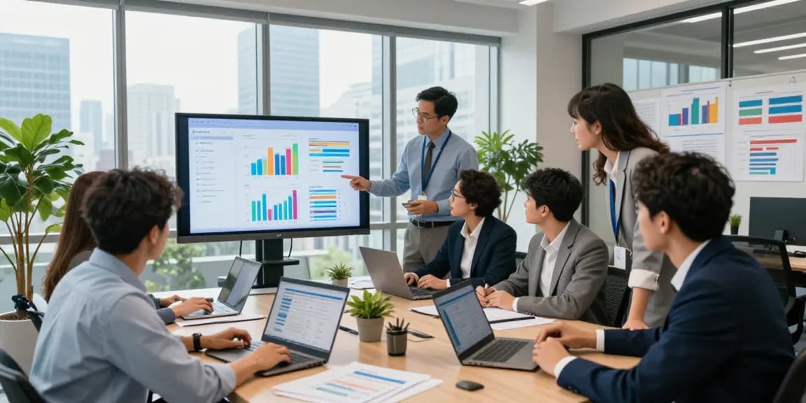 Team analyzing business energy rates in a modern corporate office.