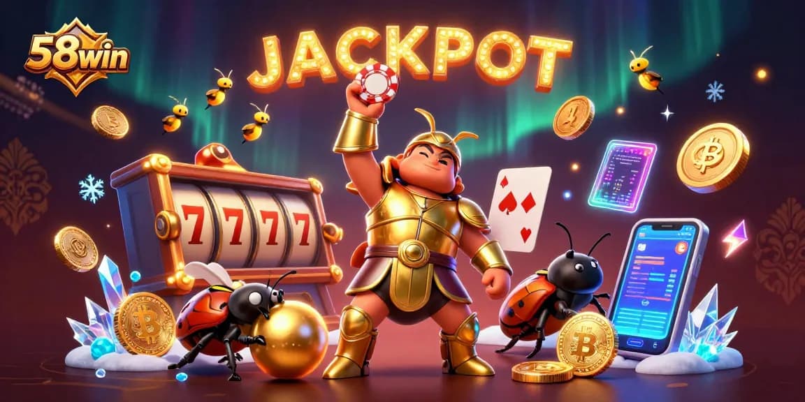 58win illustrates a vibrant online casino scene with characters celebrating a jackpot achievement surrounded by vibrant slots and crypto elements.