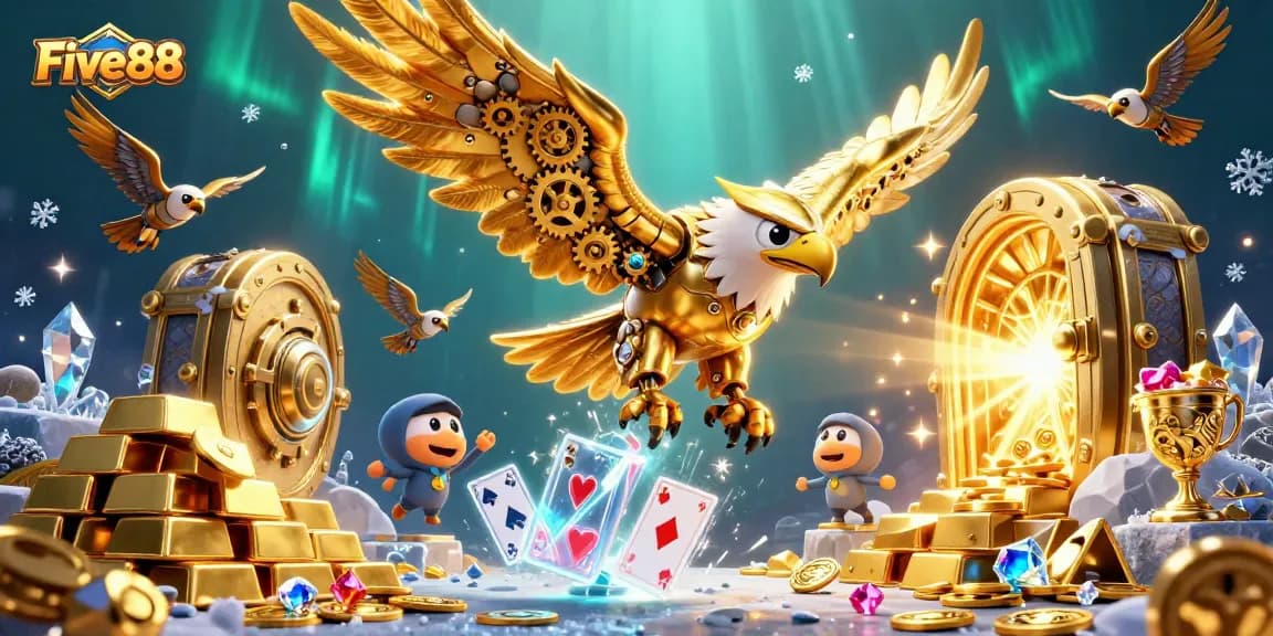 Engage in thrilling Five88 gameplay with dynamic 3D casino illustration featuring vivid characters and riches.
