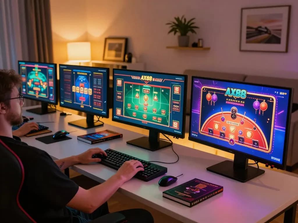 Player engaging in online gaming with AX88 platform, showcasing a modern gaming setup filled with strategic elements.