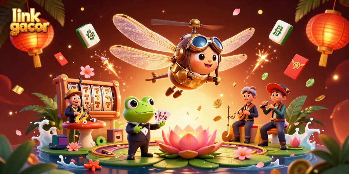 Engage with exciting link gacor gameplay as a vibrant dragonfly pilot oversees a lily pad casino.