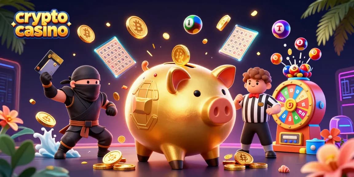 Unisciti all'avventura nel crypto casino con un enorme salvadanaio d'oro, monete di Bitcoin che piovono e giochi avvincenti.