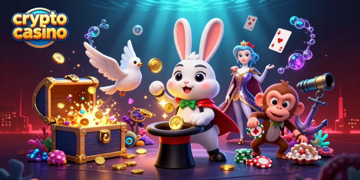 Gagnez au casino crypto avec un lapin magicien et un singe malicieux ! Éclat des pièces dorées et ambiance scintillante.