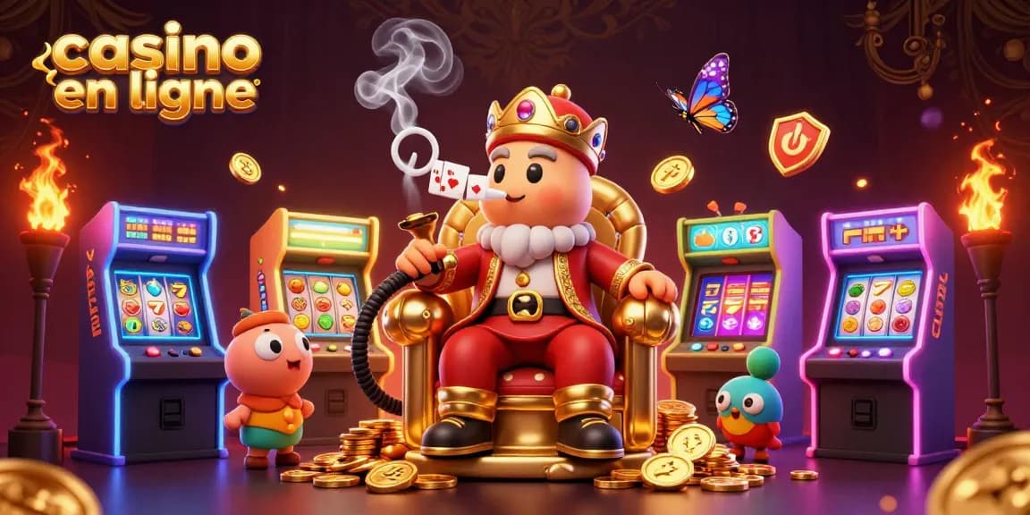 Jouez à casino en ligne avec une scène animée d'un maître de chicha et des machines 3D scintillantes.