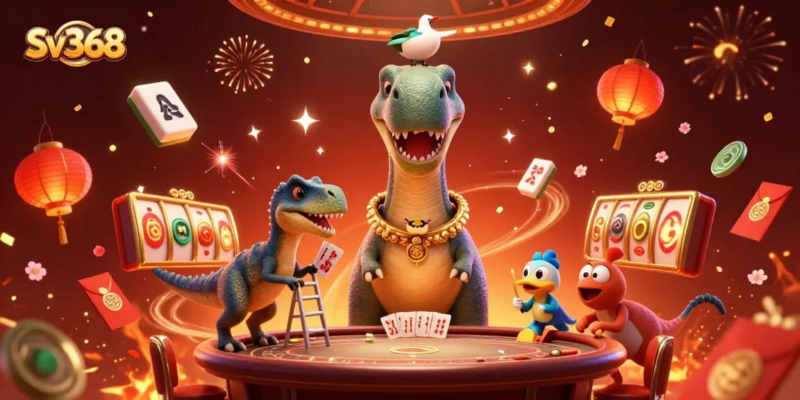Experience the thrill of Sv368 as dinosaurs deal cards and colorful symbols surround a vibrant casino scene.