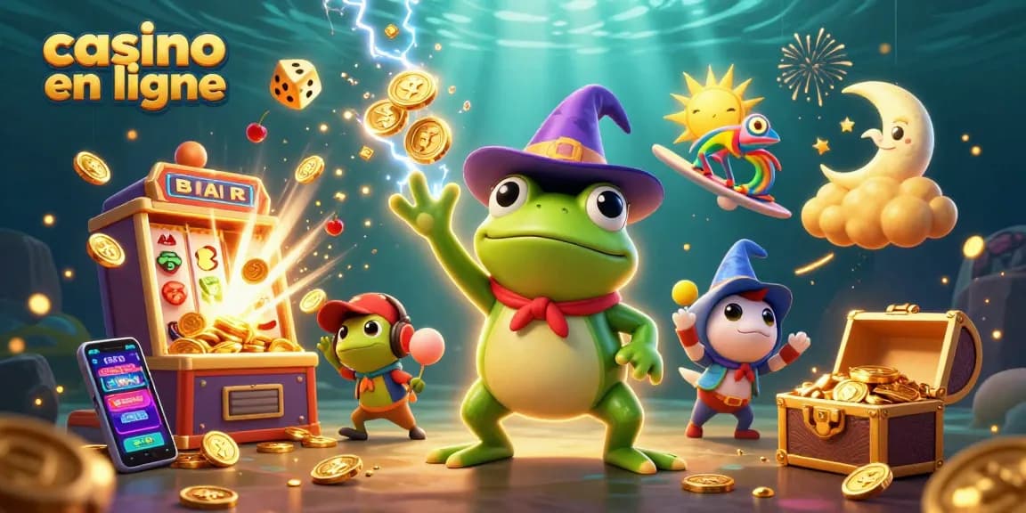 Jetons d'or volent autour d'une animation vibrante pour un casino en ligne captivant.