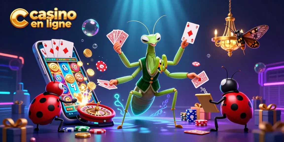 Visitez un casino en ligne avec une illustration animée de personnages et d'éléments de jeux vibrants.