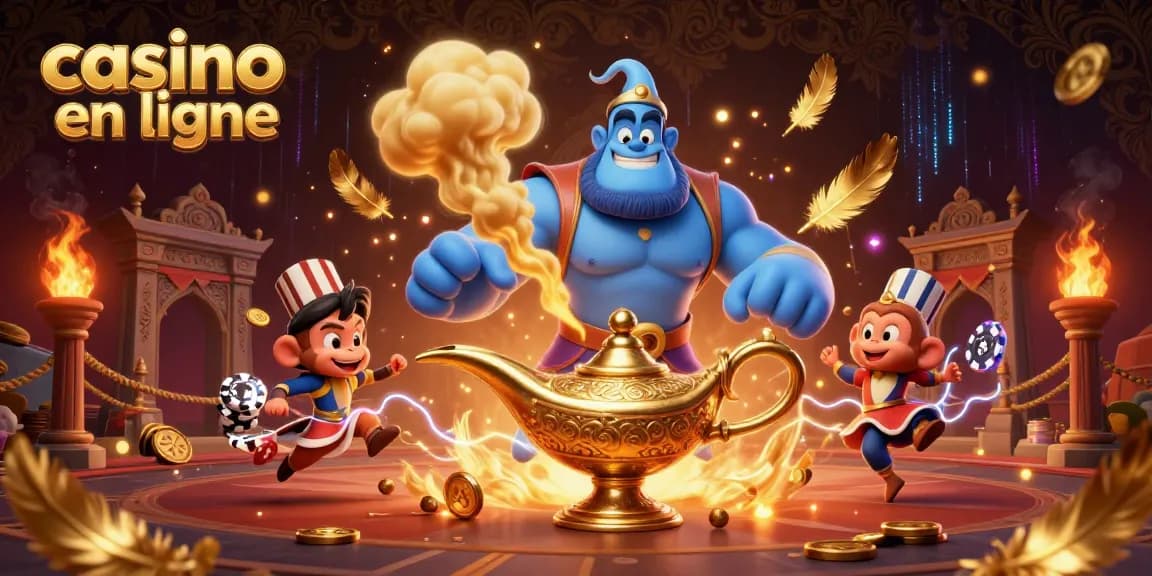 Illustration dynamique d'un casino en ligne avec un génie bleu, un singe et un tapis volant. Éléments riches et colorés.