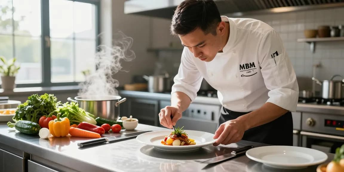 Chef showcasing MBM culinary techniques amid fresh ingredients and vibrant kitchen.