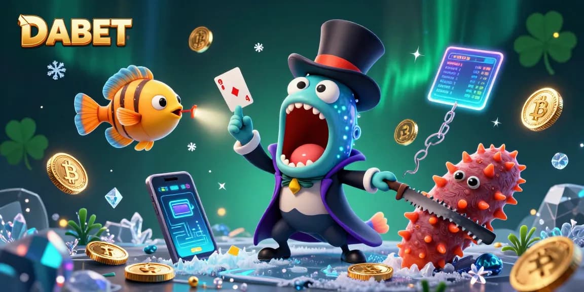DABET's enchanting casino atmosphere illustrated by deep-sea characters performing magical card tricks.