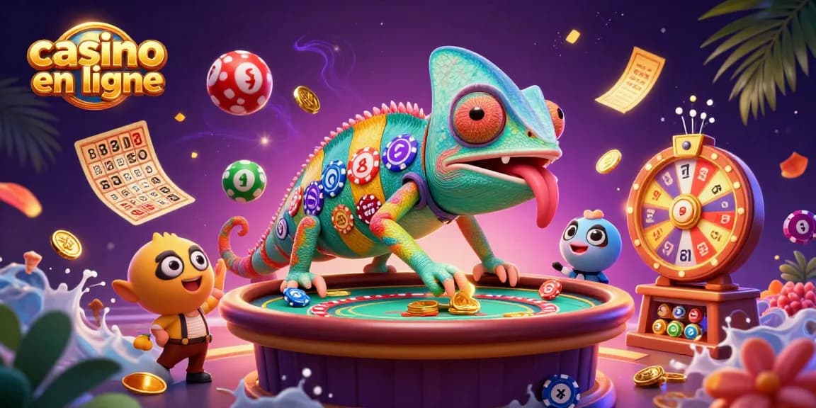 Illustration captivante de casino en ligne avec un caméléon propriétaire attrapant des pièces d'or.