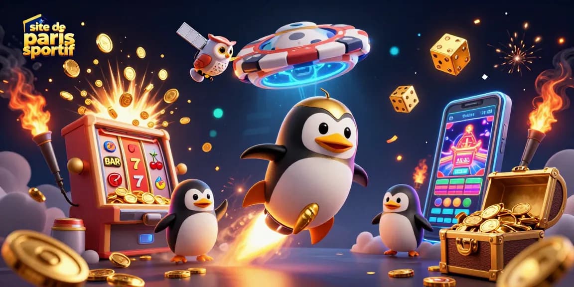 Site de paris sportif : un pingouin en or s'élance vers un casino spatial sur fond étoilé.