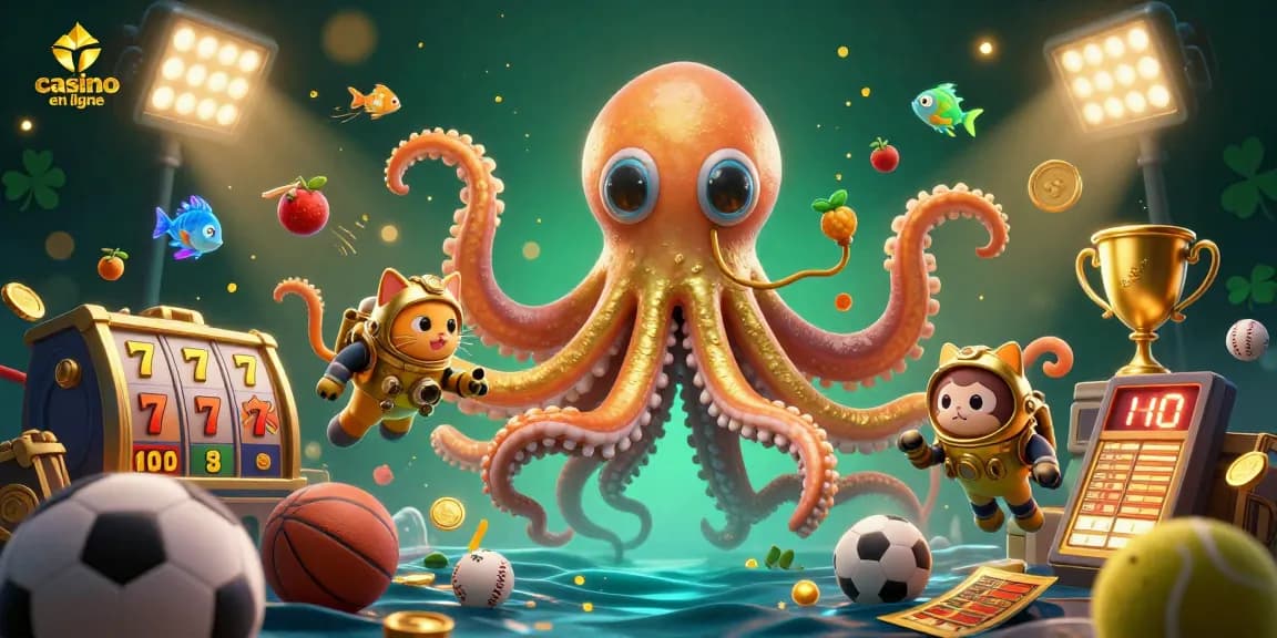 Illustration vibrante de kraken et chat plongeur pour les casinos en ligne avec jackpot.