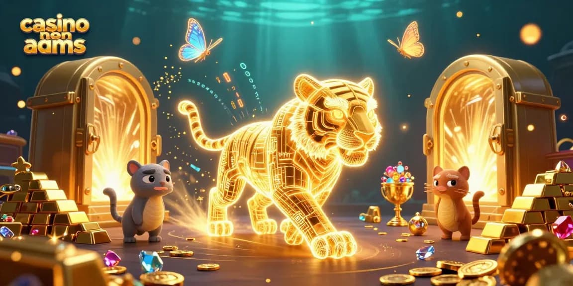 Scopri il mondo dei casino non AAMS con la tigre dorata che esplora un casinò digitale vibrante.