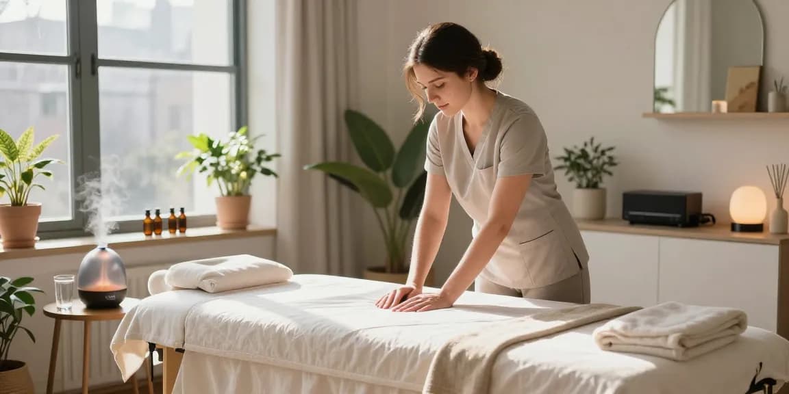 Relaxing in-home massage setup showcasing 종로출장안마 services with a therapist preparing a tranquil environment.