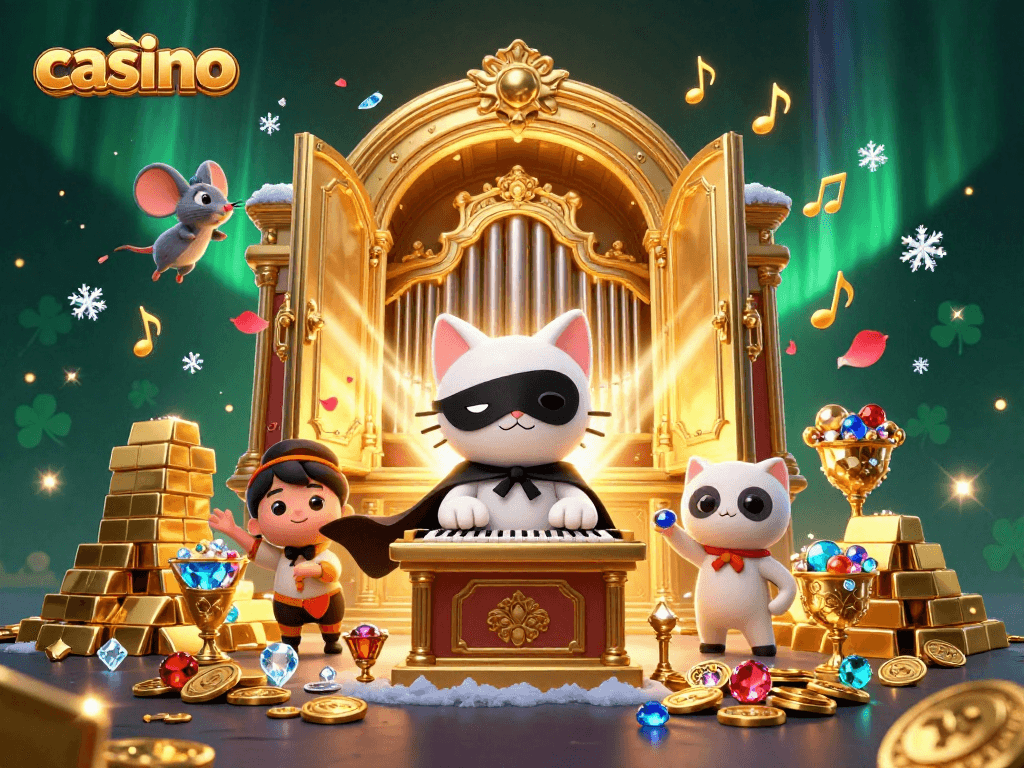 Experience thrilling casino action with our dazzling 3D illustration featuring treasures and acrobatic characters.