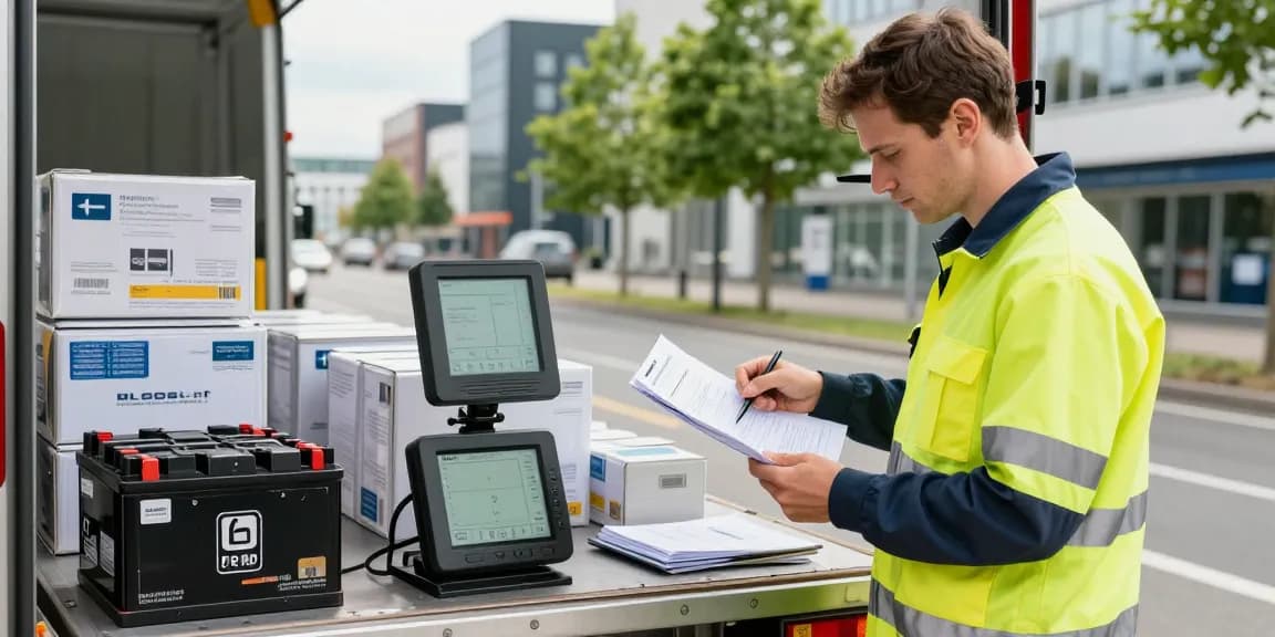 Batterie Transport in Dortmund: Professioneller Fahrer bereitet sich auf den sicheren Transport von Lithium-Batterien vor.