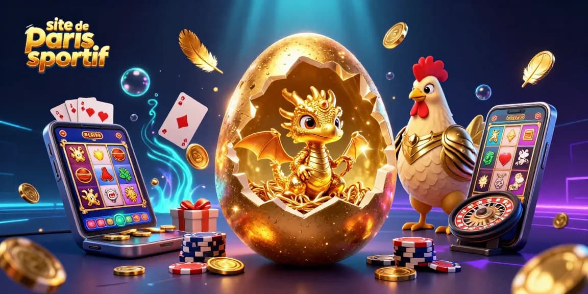 Plongez dans l'univers du site de paris sportif avec ce dragon doré entouré de jetons et d'éléments de jeu dynamiques.