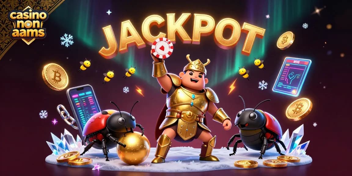 Giocatori nel casino non AAMS festeggiano vincite con jackpot e criptovalute in un'illustrazione vivace.