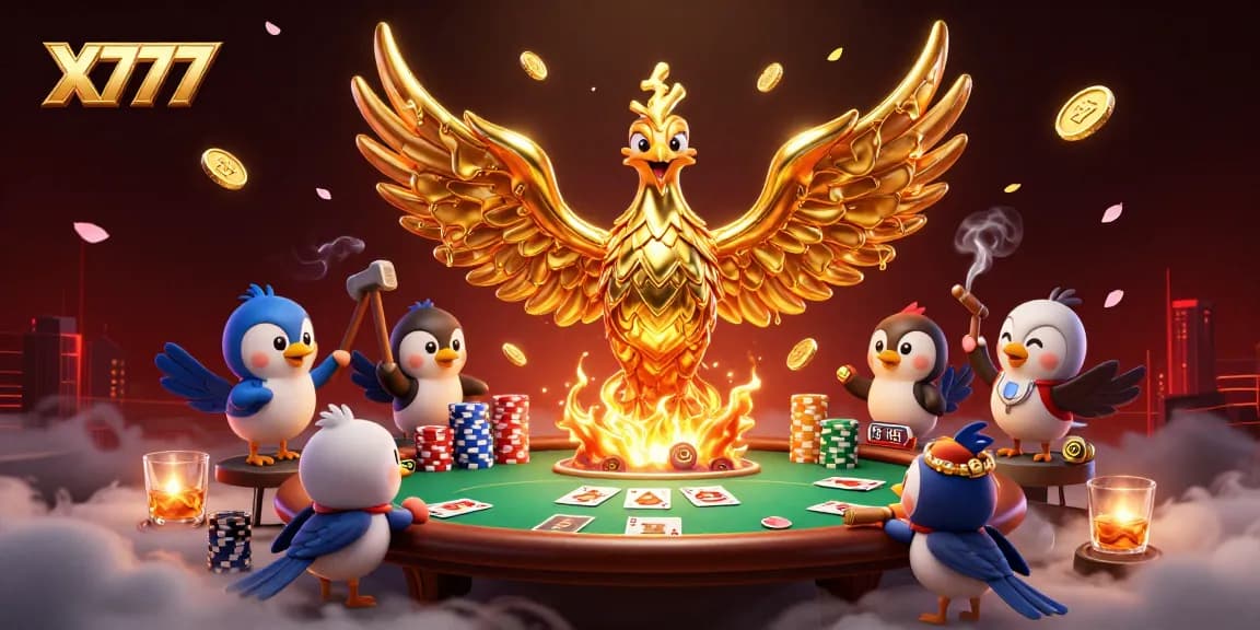 X777 phoenix emerging from a forge, surrounded by poker elements and vibrant casino ambiance.
