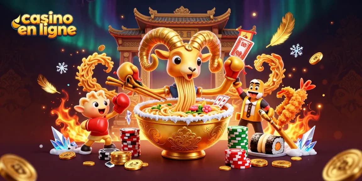 Retournez les jetons au casino en ligne avec un grand bol de ramen en or et des personnages animés