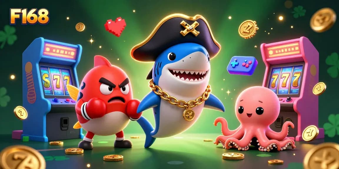 F168 offers exciting casino adventures featuring a pirate shark, pufferfish, and octopus in a dynamic gaming scene.