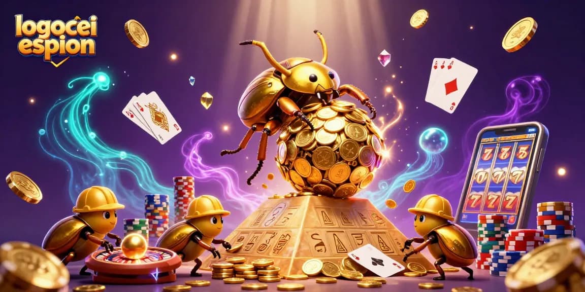 Visualisez un logiciel espion dans un casino avec des pièces d'or, des jeux et des éléments fascinants.