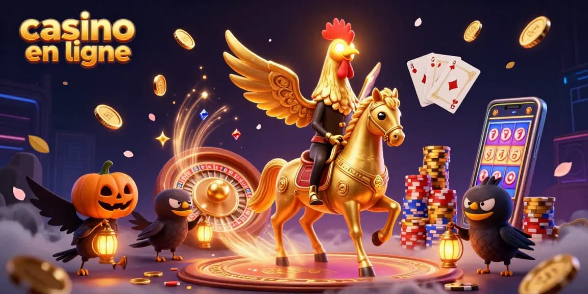 Illustration de casino en ligne avec un coq doré fantastique au milieu de pièces d'or et de cartes.
